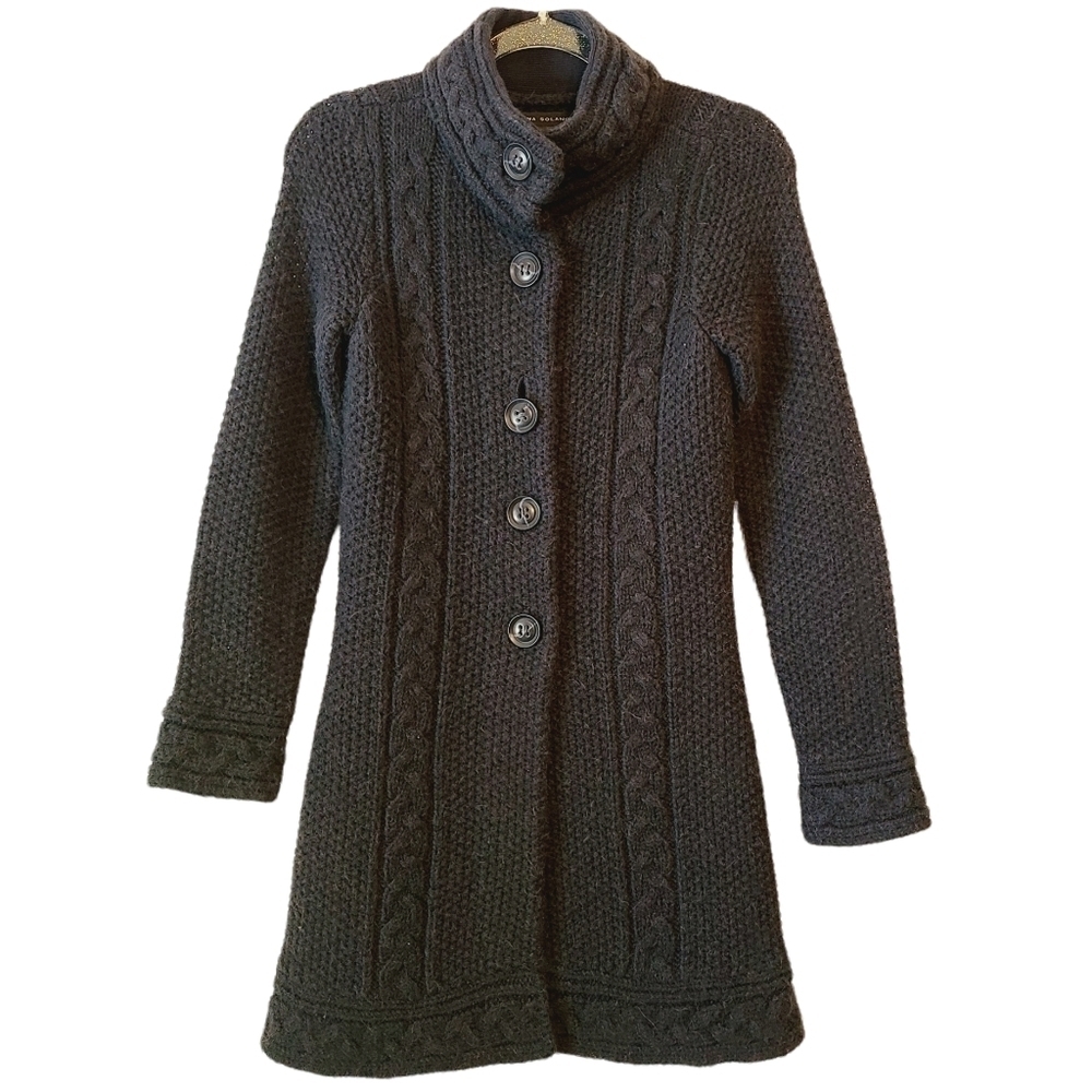Elena Solano | Women's Classic Black Alpaca Blend Cardigan Sweater (Size Small)
